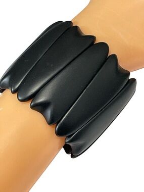Black Sculptural Stretch Cuff Bracelet Statement Minimalist Bold Petal Design